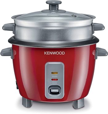 KENWOOD 2-in-1 Rice Cooker 0.6L 3-Cups Rice with Food Steamer Basket Non-Stick Cooking Pot Temepered Glass Lid Warm/Cook Lights Spatula Holder Detachable Cord RCM30.000RD - Red