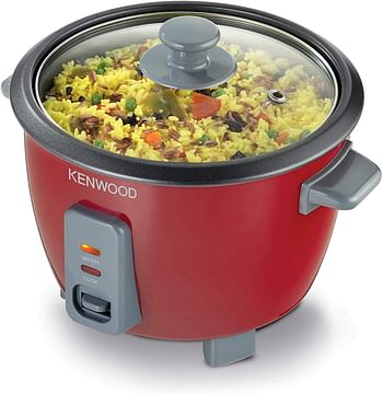 KENWOOD 2-in-1 Rice Cooker 0.6L 3-Cups Rice with Food Steamer Basket Non-Stick Cooking Pot Temepered Glass Lid Warm/Cook Lights Spatula Holder Detachable Cord RCM30.000RD - Red