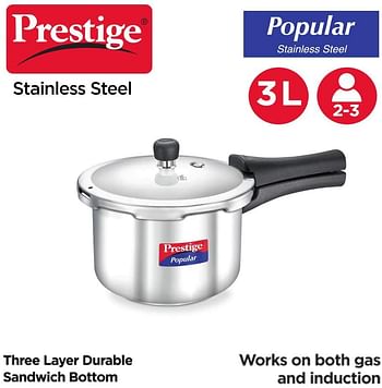 Prestige MPP20651 Popular Sleek & Simple Stainless Steel Pressure Cooker, Silver, 3L