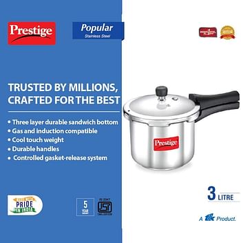 Prestige MPP20651 Popular Sleek & Simple Stainless Steel Pressure Cooker, Silver, 3L