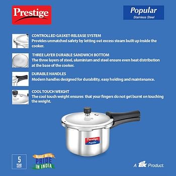 Prestige MPP20651 Popular Sleek & Simple Stainless Steel Pressure Cooker, Silver, 3L