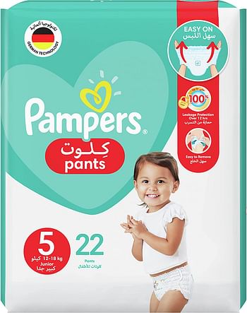 Pampers Baby-Dry Pants diapers, Size 5, 12-18 kg, With Stretchy Sides for Better Fit and Leakage Protection, 22 Baby Diapers , White, 168