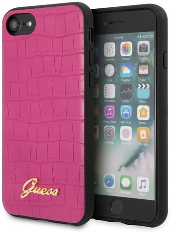 CG Mobile Guess PC/TPU Case for iPhone SE2 2020,iPhone9,iPhone8/7/6 Crocodile Print Case with Metal Logo,Genuine Leather and Shock Absorption Drop Protection Case Officaily Licensed (Pink)