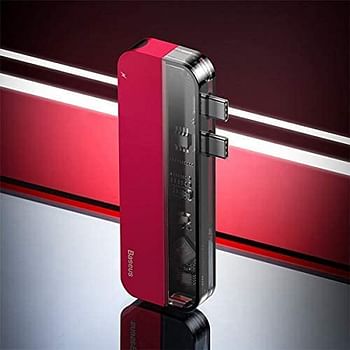 Baseus Transparent Series Dual Type-C Multifunctional HUB Adapter(Type-C to Type-C*2+USB3.0 * 2+4K HD*1) Red