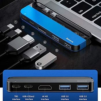 Baseus Transparent Series Dual Type-C Multifunctional HUB Adapter(Type-C to Type-C*2+USB3.0 * 2+4K HD*1) Blue