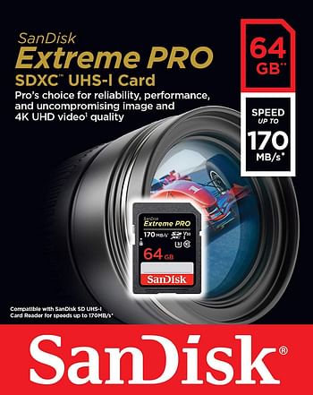 SanDisk 64GB Extreme PRO SDXC UHS-I Card - C10, U3, V30, 4K UHD, SD Card - SDSDXXY-064G-GN4IN