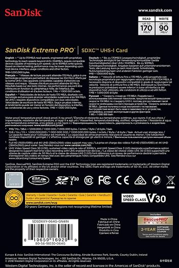 SanDisk 64GB Extreme PRO SDXC UHS-I Card - C10, U3, V30, 4K UHD, SD Card - SDSDXXY-064G-GN4IN