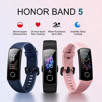 Honor Band 5 Smart Wristband 0.95'' Color AMOLED Screen Blood Oxygen Fitness Tracker 50M Waterproof Bracelet Pedometer Swim Stroke Monitor Heart Rate Sleep Nap Bluetooth Smart Watch iOS Android/Black/One Size