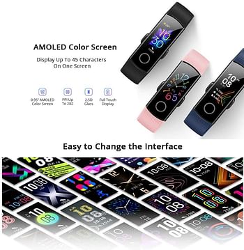 Honor Band 5 Smart Wristband 0.95'' Color AMOLED Screen Blood Oxygen Fitness Tracker 50M Waterproof Bracelet Pedometer Swim Stroke Monitor Heart Rate Sleep Nap Bluetooth Smart Watch iOS Android/Black/One Size