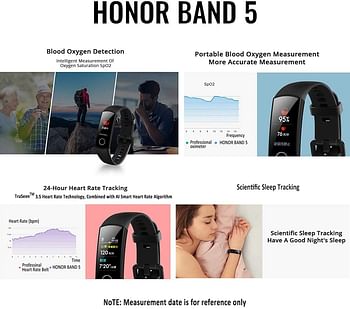 Honor Band 5 Smart Wristband 0.95'' Color AMOLED Screen Blood Oxygen Fitness Tracker 50M Waterproof Bracelet Pedometer Swim Stroke Monitor Heart Rate Sleep Nap Bluetooth Smart Watch iOS Android/Black/One Size