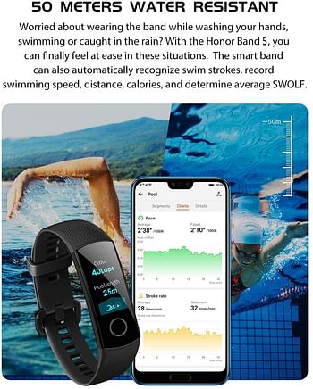 Honor Band 5 Smart Wristband 0.95'' Color AMOLED Screen Blood Oxygen Fitness Tracker 50M Waterproof Bracelet Pedometer Swim Stroke Monitor Heart Rate Sleep Nap Bluetooth Smart Watch iOS Android/Black/One Size