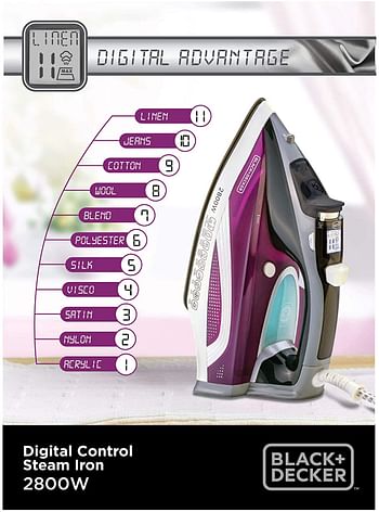 Black+Decker 2800W Digital Pre-Programmed Steam Iron, Anodized Sole Plate with Eco Mode, Multicolour - X2250-B5