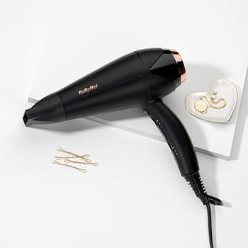 Babyliss Hair Dryer DC Motor, 2200W 3 Heat 2 Speed Cool Shot Slim Concentrator Nozzle, Ionic, Lightweight, Gold Black, Small, Portable with Diffuser D570SDE,