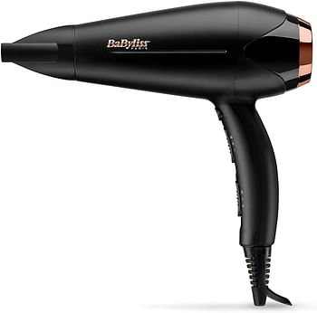 Babyliss Hair Dryer DC Motor, 2200W 3 Heat 2 Speed Cool Shot Slim Concentrator Nozzle, Ionic, Lightweight, Gold Black, Small, Portable with Diffuser D570SDE,