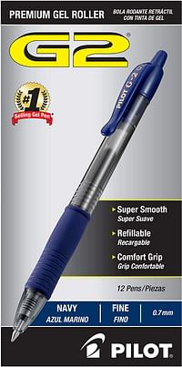 PILOT G2 Premium Refillable & Retractable Rolling Ball Gel Pens, Fine Point, Navy Blue Ink, 12-Pack (31187)
