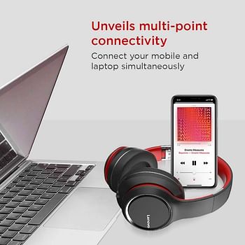 Lenovo Wireless Bluetooth 5.0 Foldable Noise-cancelling Stereo Over Ear Headphone with 3.5mm Aux Cable for Mobile phones, Tablets, Laptops and PCs HD200 (Black)