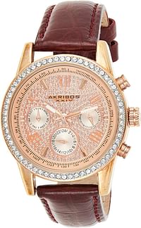 Akribos XXIV Women's AK871BUR Crystal Accented Two Time Zone Pave Dial Rose Tone and Burgundy Leather Strap Watch 36 mm - Red