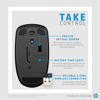 HP 6VY95AA Wireless Mouse X200 with Low battery indicator light - Black