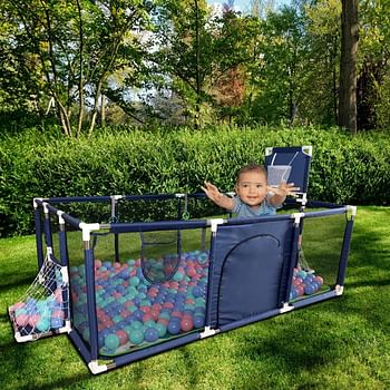 SKYTOUCHSafety Large Portable Play Pen For Twin, Baby And Toddler Indoor Outdoor Baby Playpen With Extra Tall Size, Fun Activities, Basketball Hoop & MatBLUE, Safe play pen, 6974042150082