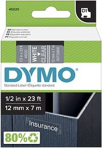 DYMO Standard D1 45020 Labeling Tape (White Print on Clear Tape, 1/2'' W x 23' L, 1 Cartridge), DYMO Authentic
