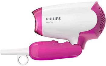 Philips Drycare Essential Travel Hair Dryer.1400W. 2 flexible speed settings. Foldable handle. 3 pin White/Pink BHD003/03 White pink