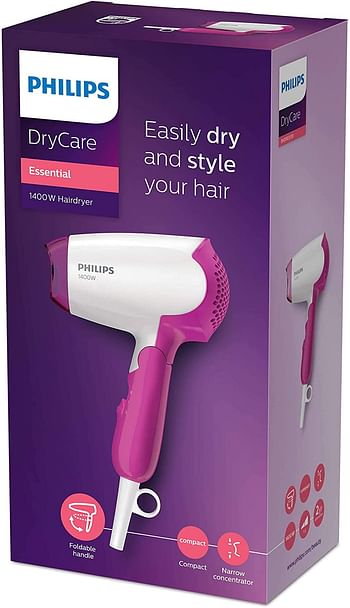 Philips Drycare Essential Travel Hair Dryer.1400W. 2 flexible speed settings. Foldable handle. 3 pin White/Pink BHD003/03 White pink