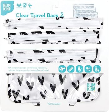 Bumkins Travel Bag, Toiletry, Baby, TSA Approved Pouch, Zip Bag, Quart Size Compliant, Clear-Sided, Diaper Bag Organization, Makeup, Accessories, Set of 3