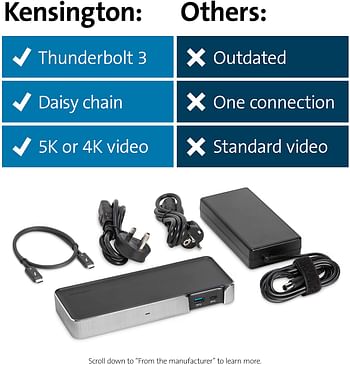 Kensington SD5200T Thunderbolt 3 Universal Laptop Docking Station, 5K Single or 4K Dual Display with Display Port++ Output (K38300EU) Black and silver