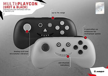 snakebyte MULTI PLAYCON Set of 2 Gray / Black - Wireless Bluetooth Controller for Nintendo Switch and Lite / Analog Multiplayer Gamepad Joy-Con with rechargeable batteries and Vibration effect