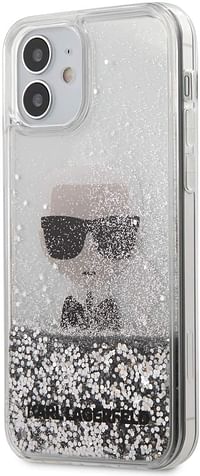 Karl Lagerfeld Liquid Glitter Case with Inner Ikonik Print for Apple iPhone 12 Pro Max,12 Pro and 12/Protective Cover for your Phone - Silver (5.4")