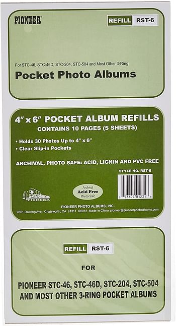 Refill Pages for STC-46, STC-46D, STC-204 and STC-504 Photo Albums 30 Pockets Hold 4x6 Photos - White