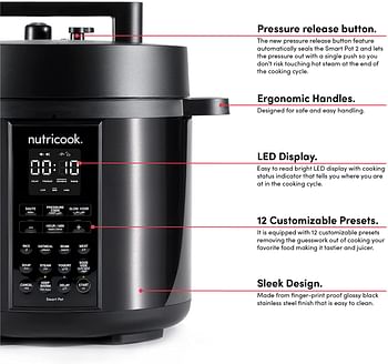 Nutricook Smart Pot 2, 8 Liters, 9 In 1 Electric Pressure Cooker, Slow Cooker, Rice Cooker, Steamer, Sauté Pot, Yogurt Maker & More, 12 Smart Programs With New Smart Lid,