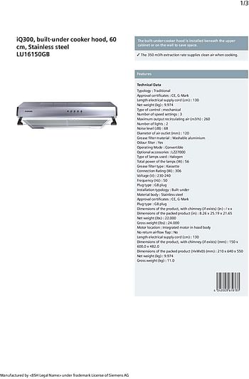 Siemens Conventional Chimney Hood, 60 cm, LU16150GB, Silver