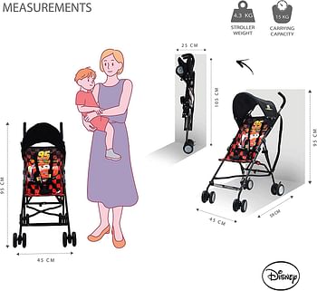 Disney Car Lightning McQueen Lightweight Buggy Stroller - 3-36 Months Rear Breaks, Shoulder Strap - Red,Black