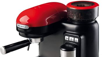 Ariete 1318 Moderna Espresso Machine With Integrated Coffee Grinder, For Coffee Beans And Ground Coffee, Milk Frothing Cappuccino Maker, 1 And 2 Cup Filter, 1080 W, 800 Cc-Red