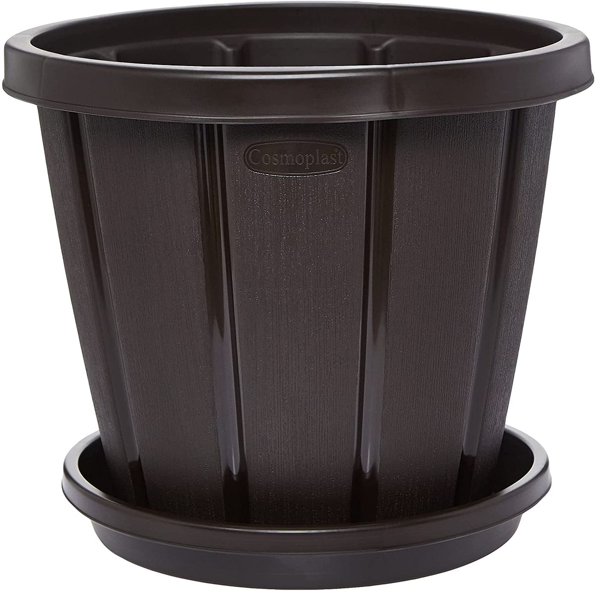 Cosmoplast Plastic Cedargrain Round Flowerpot 16” with Tray, Dark Brown, 16-inches