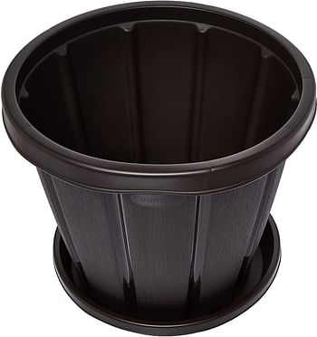 Cosmoplast Plastic Cedargrain Round Flowerpot 16” with Tray, Dark Brown, 16-inches