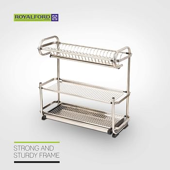 Royalford RF8294 3 Tiered Kitchen Dish Drainer Drying Rack, Multi-Purpose Draining Board with Drip Tray, Durable and Easy to Assemble/One Size/Silver
