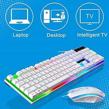 SKY-TOUCH G21 Keyboard Wired USB Gaming Mouse Flexible Polychromatic LED Lights Computer Mechanical Feel Backlit Keyboard Mouse Set,White (White)
