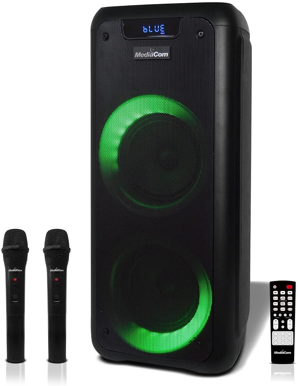 MediaCom MCI 525 Portable Party Speaker with Battery, Bluetooth and 2 Wireless Mics/Black/25 x 24.2 x 58 cm