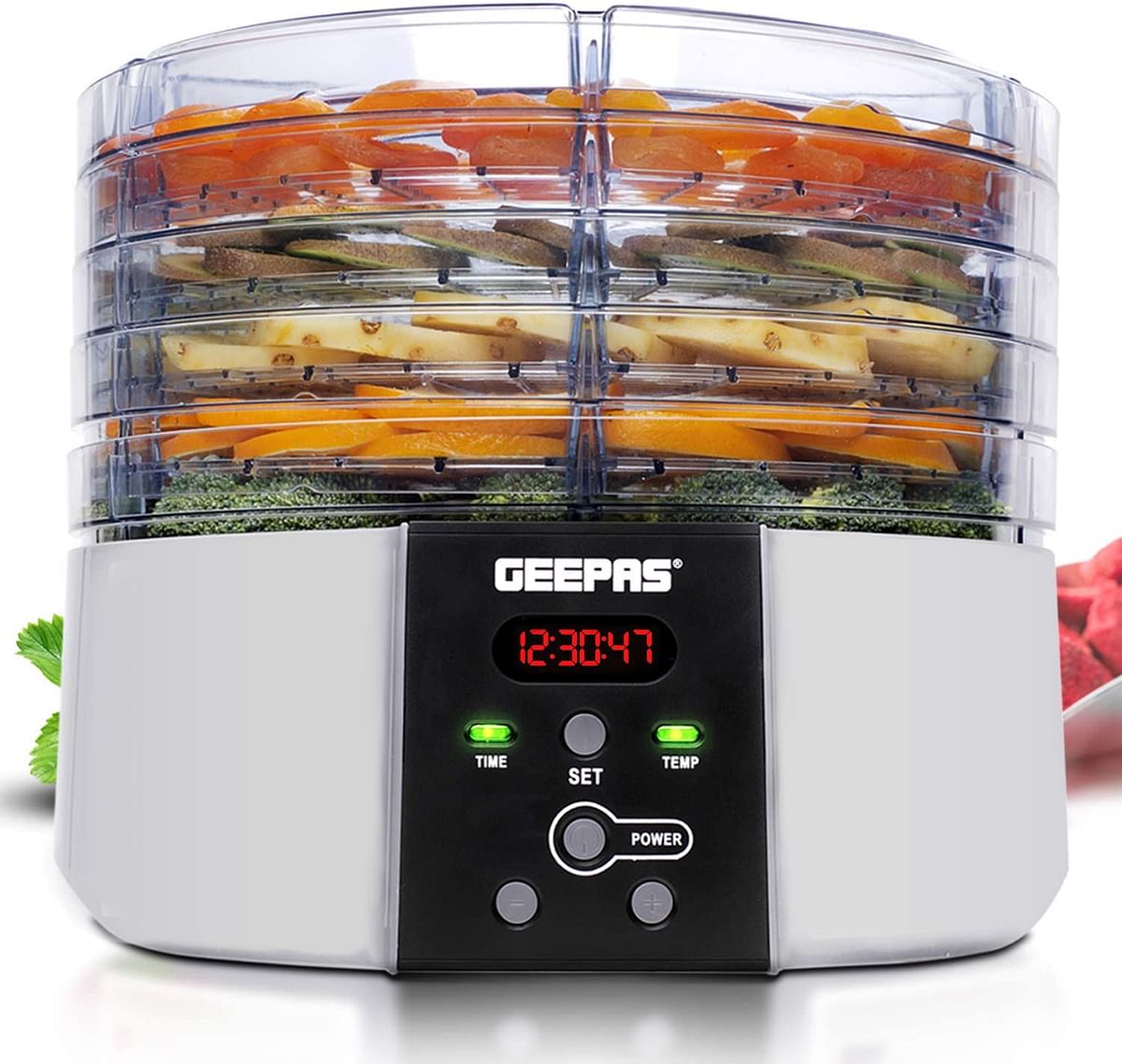 Geepas 520W Digital Food Dehydrator – Food Dryer With 5 Large Trays, Adjustable Temperature & Timer Settings, Ideal For Fruit, Healthy Snacks, Vegetables, Meats & Chili, Bpa-Free -/White/44 x 10 x 24 centimeters