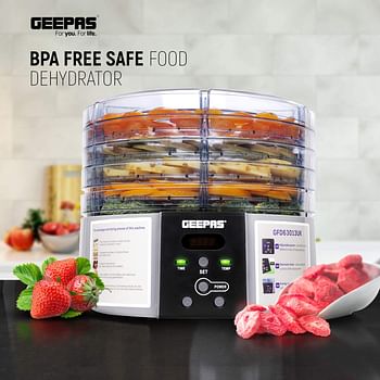 Geepas 520W Digital Food Dehydrator – Food Dryer With 5 Large Trays, Adjustable Temperature & Timer Settings, Ideal For Fruit, Healthy Snacks, Vegetables, Meats & Chili, Bpa-Free -/White/44 x 10 x 24 centimeters