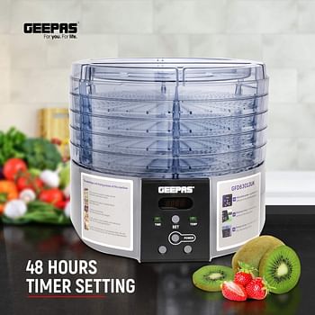 Geepas 520W Digital Food Dehydrator – Food Dryer With 5 Large Trays, Adjustable Temperature & Timer Settings, Ideal For Fruit, Healthy Snacks, Vegetables, Meats & Chili, Bpa-Free -/White/44 x 10 x 24 centimeters