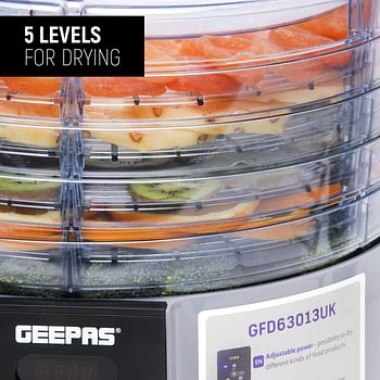 Geepas 520W Digital Food Dehydrator – Food Dryer With 5 Large Trays, Adjustable Temperature & Timer Settings, Ideal For Fruit, Healthy Snacks, Vegetables, Meats & Chili, Bpa-Free -/White/44 x 10 x 24 centimeters