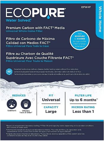 EcoPure EPW4F Premium FACT Universal Innovative Product-Better Filtration and Longer Life Versus Most Whole Home Water Filters, 1 Count (Pack of 1), Black/White