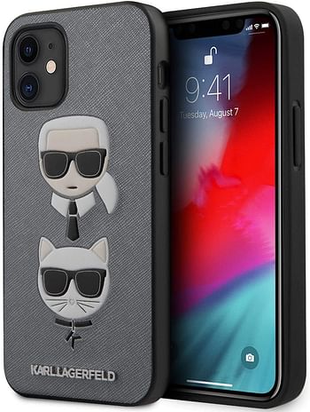 CG Mobile Karl Lagerfeld PU Saffiano Case with Embossed Karl and Choupette Heads, Shock Absorption, Drop Protection Cover for Apple iPhone Officially Licensed /Silver/12 Mini (5.4")