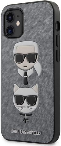 CG Mobile Karl Lagerfeld PU Saffiano Case with Embossed Karl and Choupette Heads, Shock Absorption, Drop Protection Cover for Apple iPhone Officially Licensed /Silver/12 Mini (5.4")