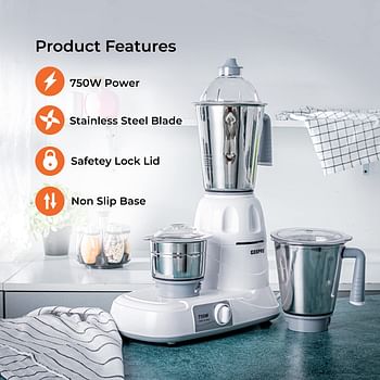 Geepas 750W 3-in-1 Mixer Grinder – Multifunctional Grinder with Stainless Steel Jars & Blades – 3 Speed, Safety Twist Lock – Perfect for Dry & Wet Fine Grinding Mixing Juicing /One Size/Multicolour