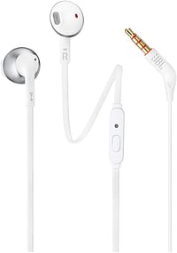 JBL Tune 205 In Ear Wired Headphone with Soft Carrying Pouch, Pure Bass Sound, 1 Button Remote, Built In Microphone, Tangle Free Flat Cable, Comfortable Fit, JBLT205CRM, K951462/White/One size