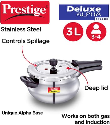 Prestige Deluxe Alpha Svachh Handi Pressure Cooker 3 Ltr | Stainless Steel Cooker with Lid | Precision Weight Valve - Silver